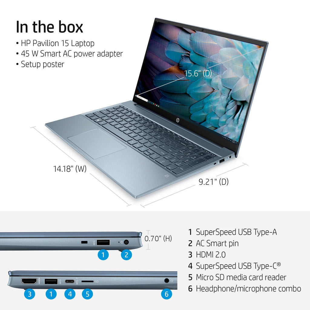 15.6" FHD Laptop, AMD Ryzen 5-5500U, 16GB RAM, 512GB SSD, Horizon Blue, Windows 11 S333045