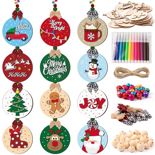 12 Styles Unfinished Wooden Christmas Ornaments Kit with Paint Pens K235916