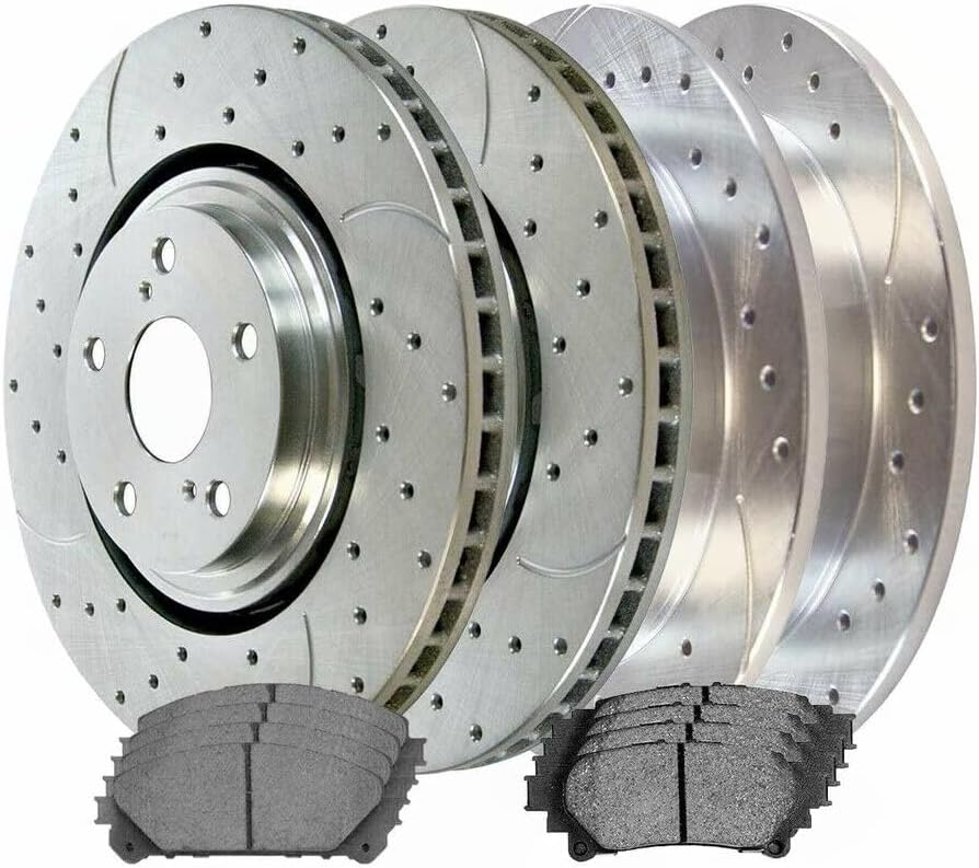8pcs Ceramic Brake Pad Sets 4pcs Silver Drilled and Slotted Rotors Kit A305