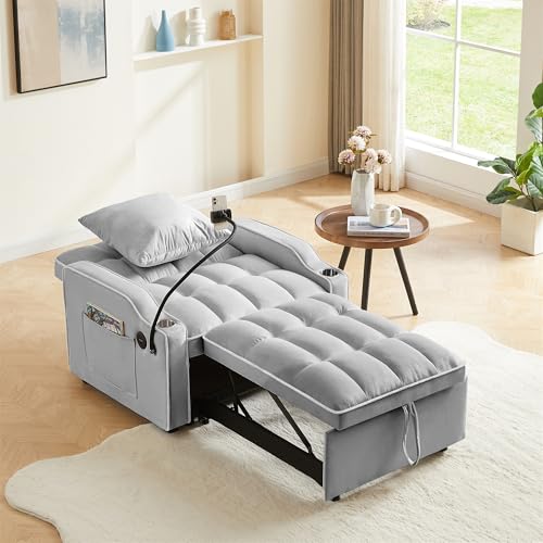 Grey Velvet Convertible Sleeper Sofa Chair Bed Z826