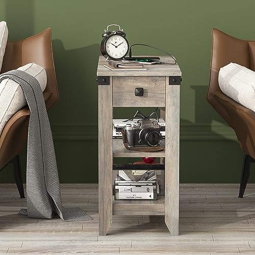 Set of 2 Narrow Side Table with Charging Station and Storage Drawer Rustic Grey Z638692