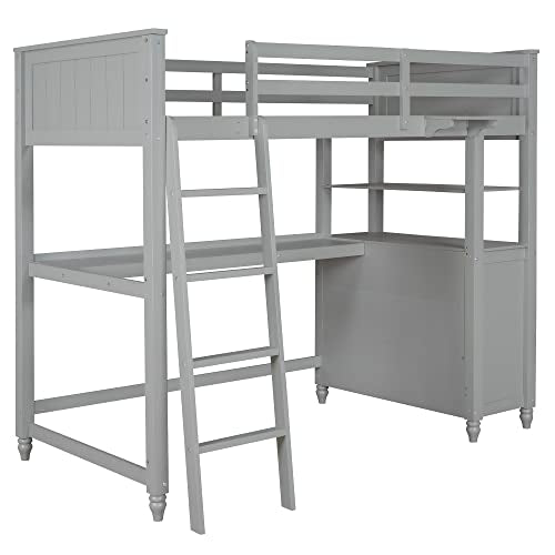 White Twin Size Loft Bed with Desk, Wood Frame, Shelves, Drawers G35781