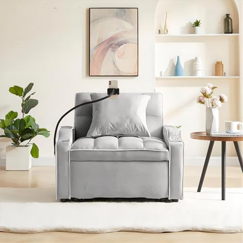 Grey Velvet Convertible Sleeper Sofa Chair Bed Z826