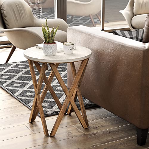 Distressed White Top Round End Table Set of 2 H296