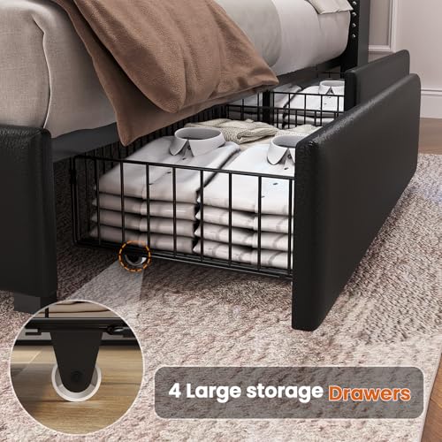 Full Size Upholstered Bed Frame with Headboard and 4 Drawers, Grey I66668
