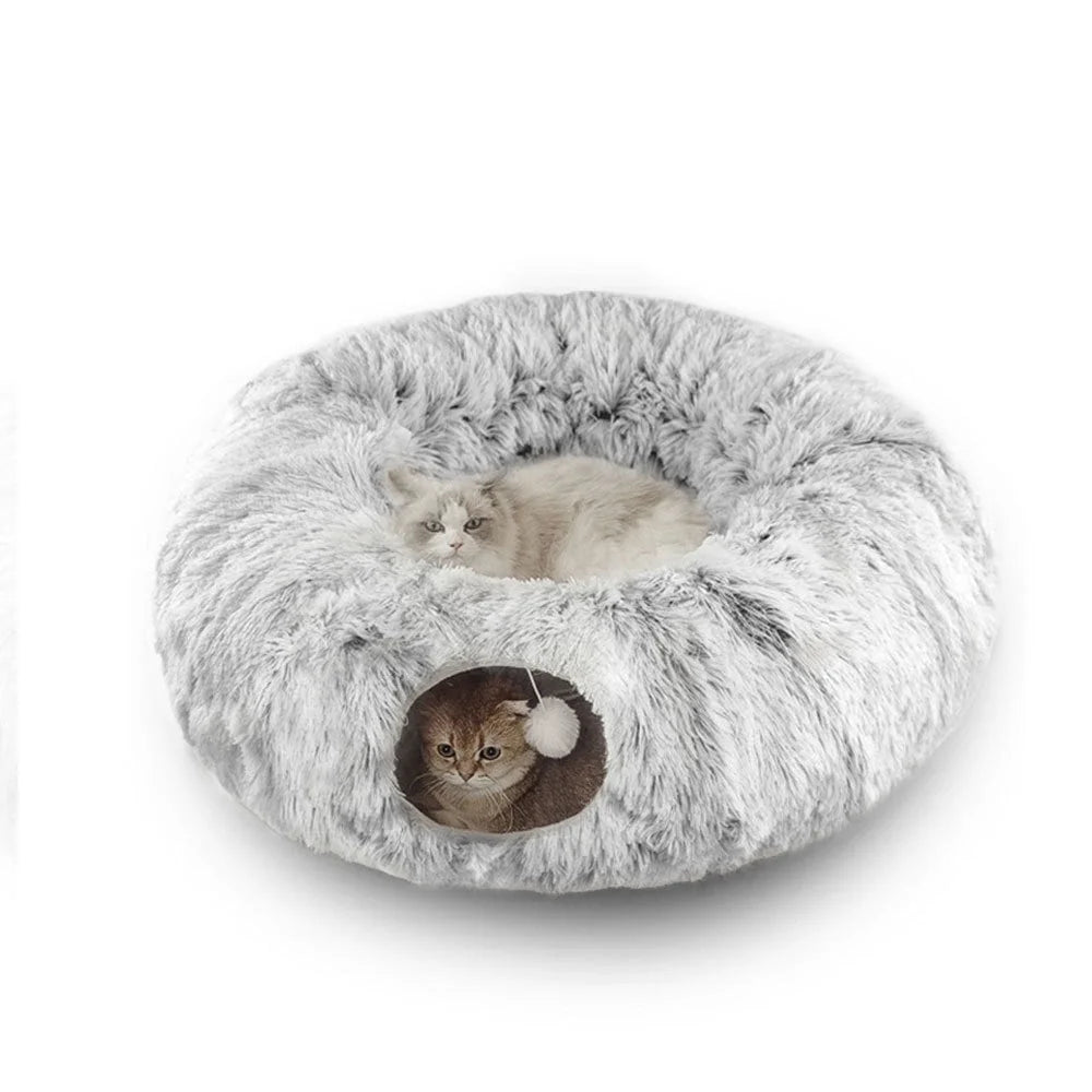 Grey Plush Cat Tunnel with Cat Bed L163