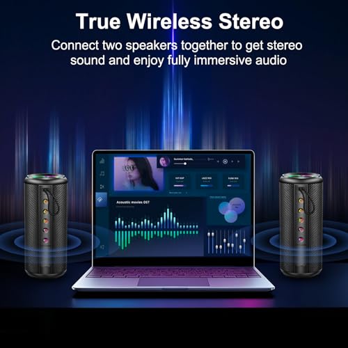 Portable Bluetooth Speaker with 20W HD Loud Stereo Sound, 15H Playtime, IP7 Waterproof, LED Lights, Built-in Mic Q366
