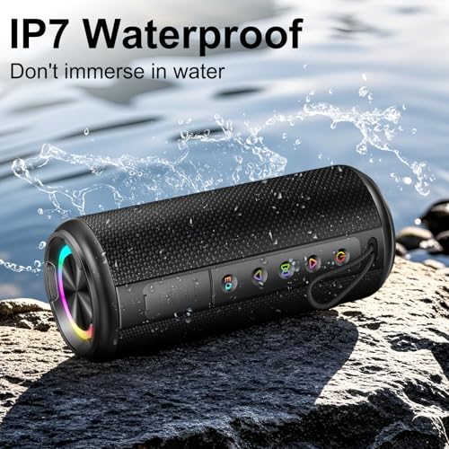 Portable Bluetooth Speaker with 20W HD Loud Stereo Sound, 15H Playtime, IP7 Waterproof, LED Lights, Built-in Mic Q366