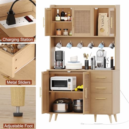 Black and Natural Tall Kitchen Pantry Cabinet with Microwave Shelf and Charging Station V384375