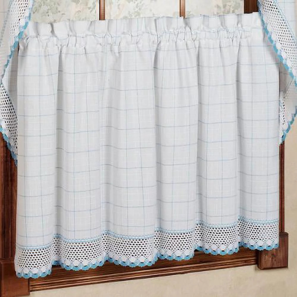 Cotton White Blue Window Pane Pattern Tiers Swags Valance 38 x 60 Q319619