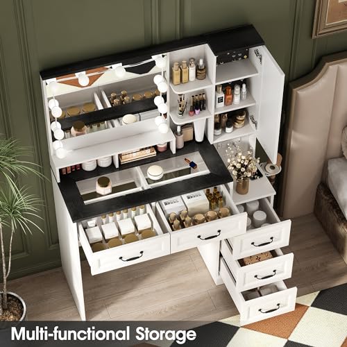 White Glass Top Vanity Desk with Mirror and 5 Drawers O9845