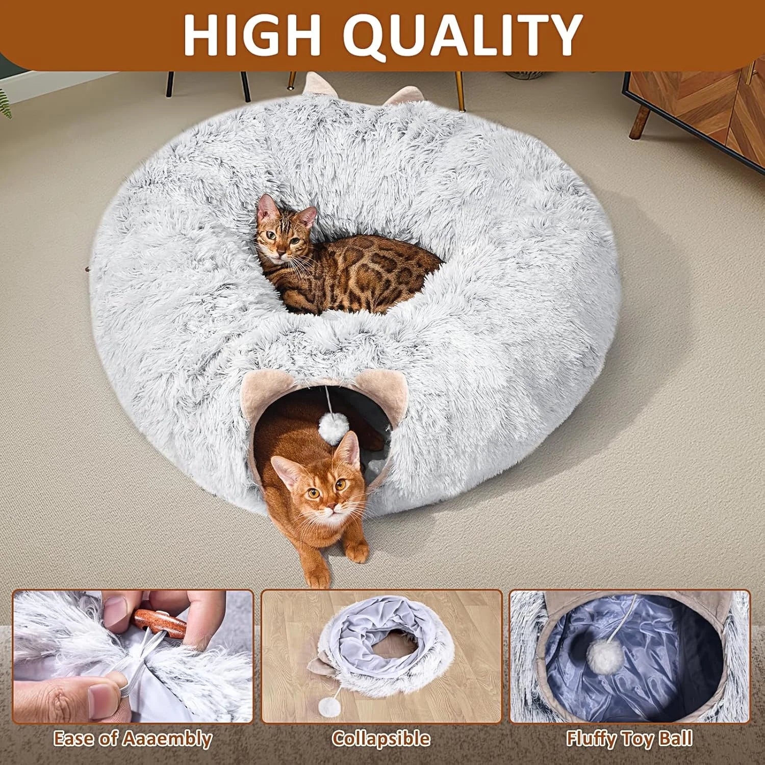Grey Plush Cat Tunnel with Cat Bed L163