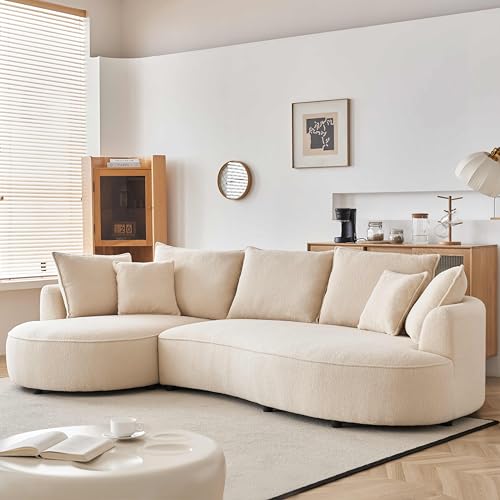 122.8" Curved Sofa Beige Wood Boucle Fabric X6516