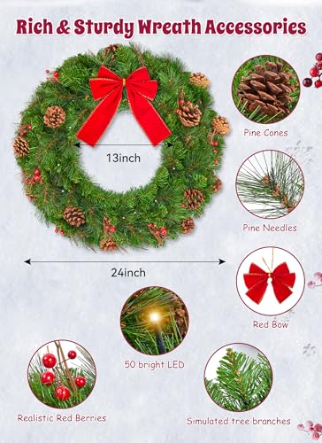 24 Inch Prelit Christmas Wreath with Pine Needles Branches Red Berry Pine Cones P733