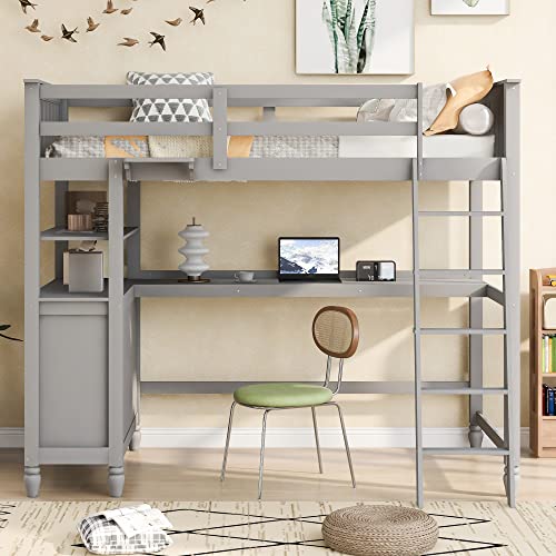White Twin Size Loft Bed with Desk, Wood Frame, Shelves, Drawers G35781