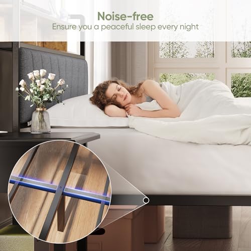Brown Metal Bed Frame with LED Lights and Storage Headboard I5447