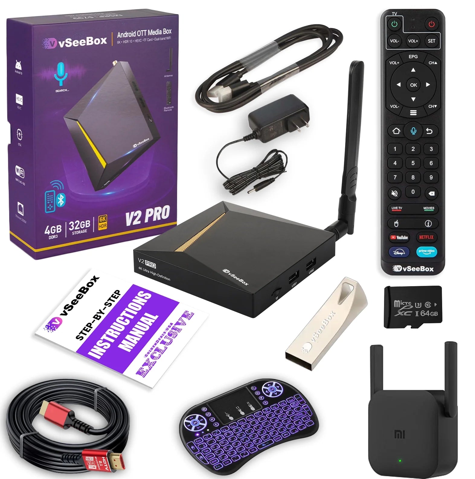 Android 10 V2 Pro Bundle with Voice Control Remote, 8K HDMI Cable, 64GB TF Card, 64GB USB Drive, WiFi Extender, Backlit Keyboard, 4GB RAM, 32GB Storage F18221