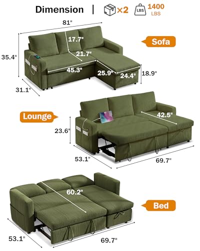 Corduroy Green L Shaped Sleeper Sofa with Pull Out Bed U5728
