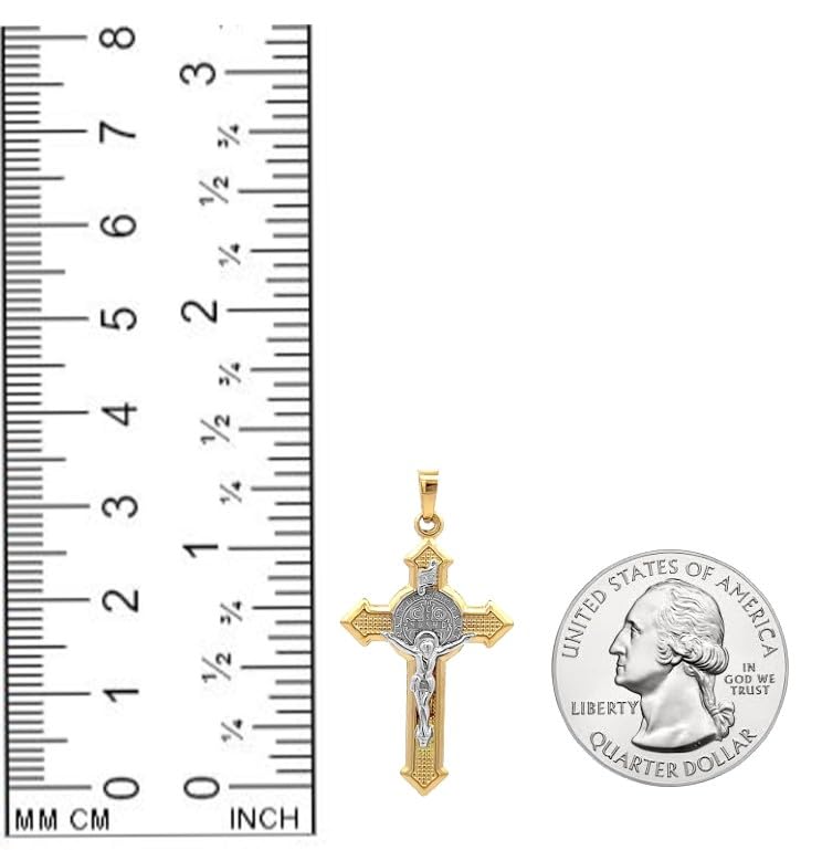 14k Two Tone Gold Saint Benedict Crucifix Cross Reversible Pendant L7991