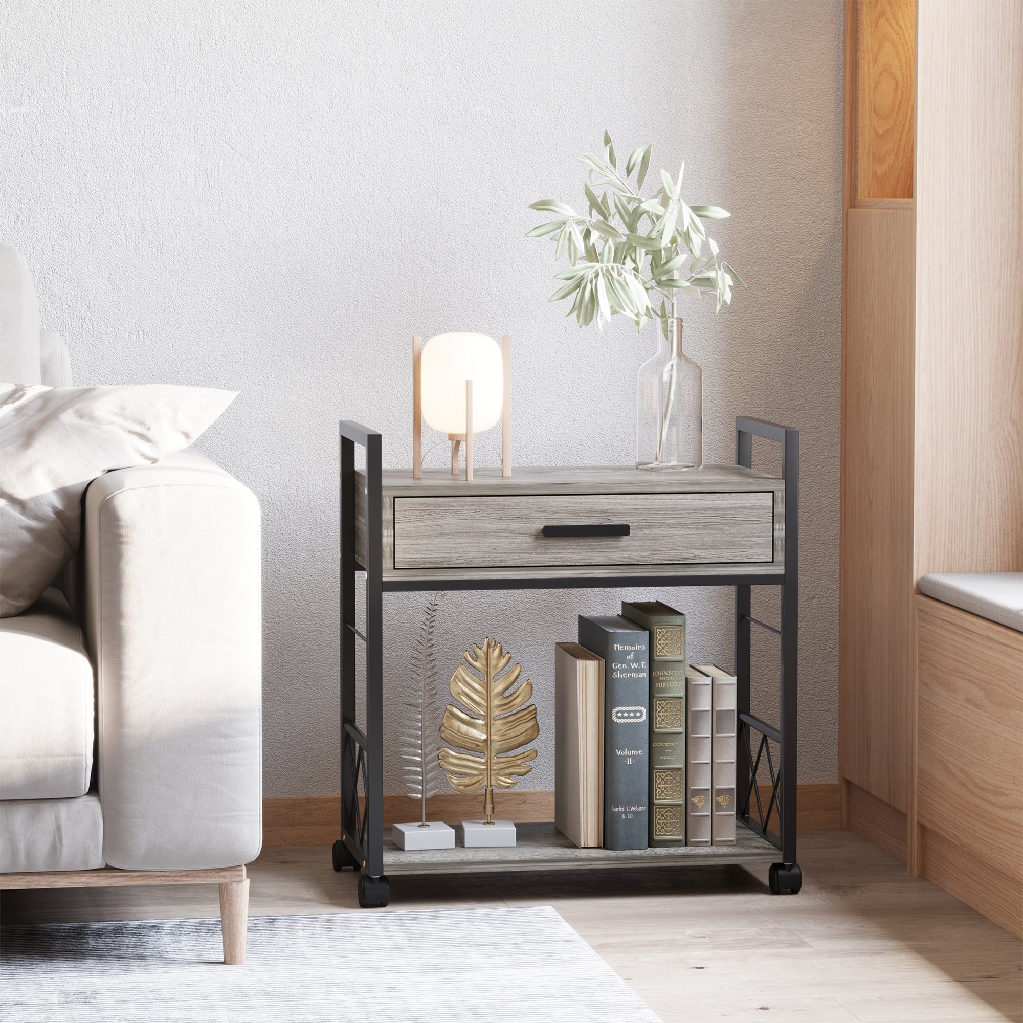 Grey Industrial End Table with Drawer and Bottom Shelf V2777