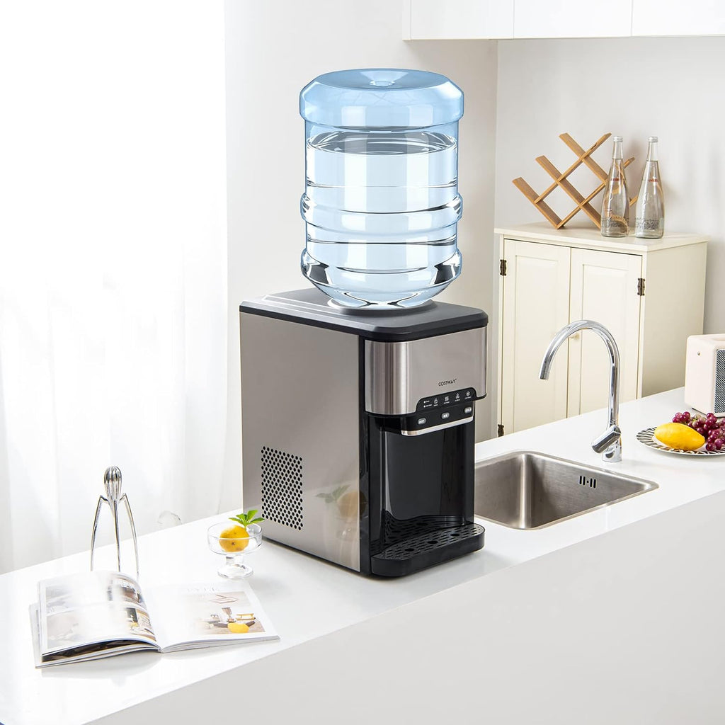 Water Dispenser with Ice Maker, 3-in-1 Countertop Top-Loading Hot Cold Water Cooler Machine, 48Lbs/24H, 12 Cubes, 4Lbs Storage Basket O16944