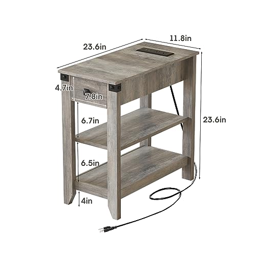 Set of 2 Narrow Side Table with Charging Station and Storage Drawer Rustic Grey Z638692