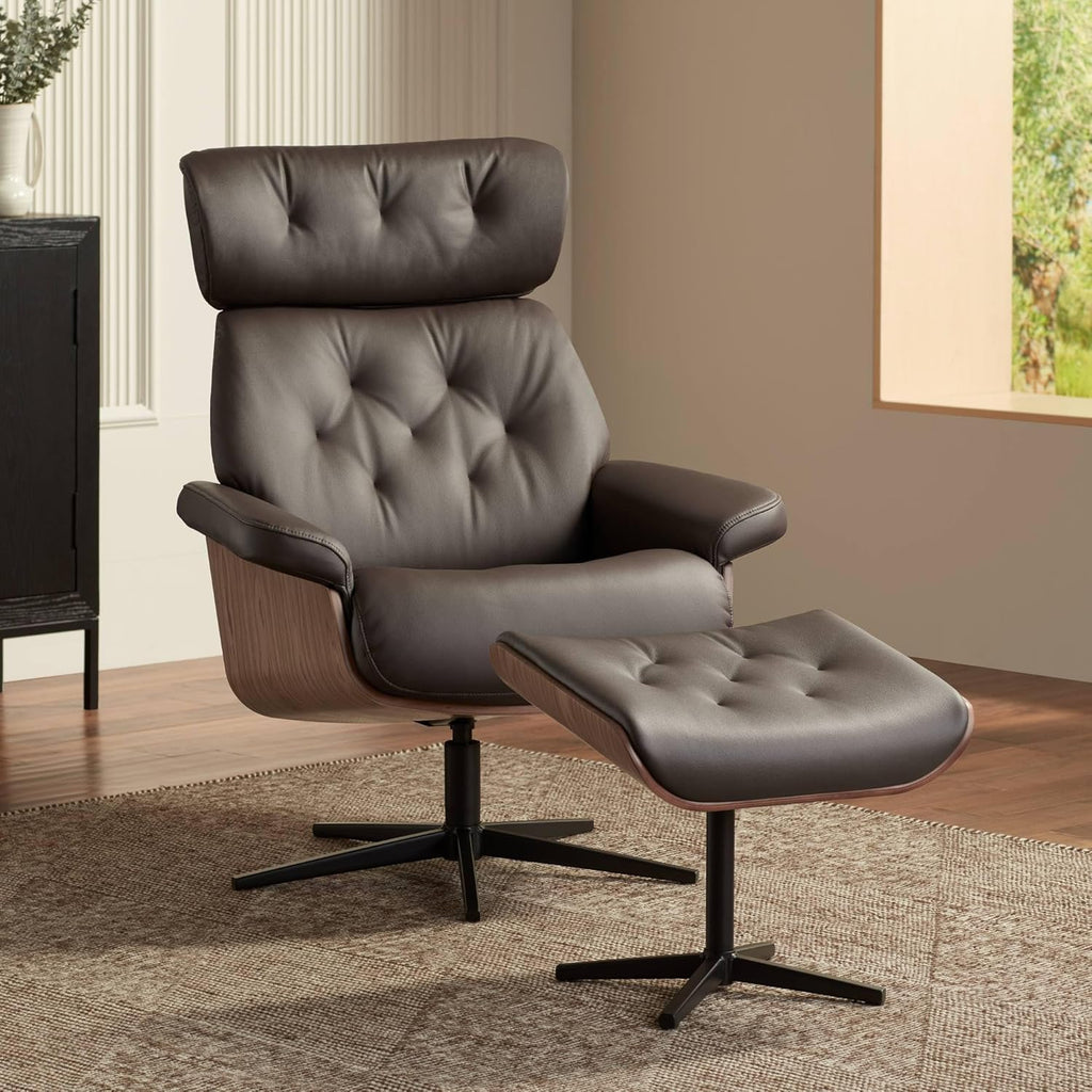 Chocolate Tufted Faux Leather Swivel Recliner and Slanted Ottoman R871