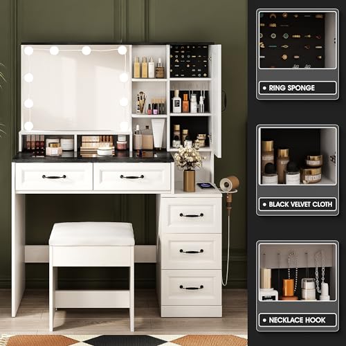 White Glass Top Vanity Desk with Mirror and 5 Drawers O9845