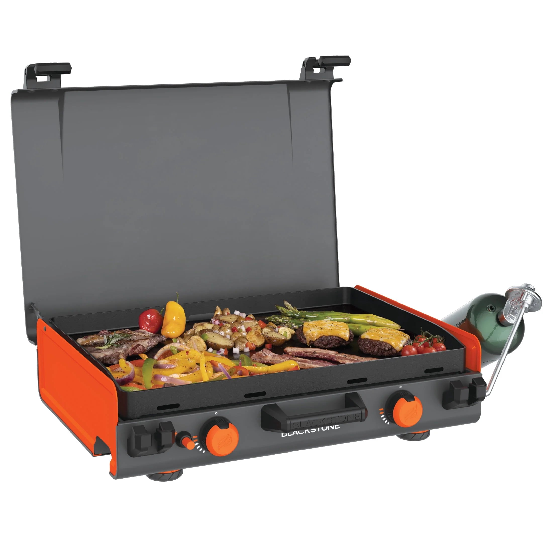 20"x14" 2-Burner Propane Camping Griddle with Latching Hood V787