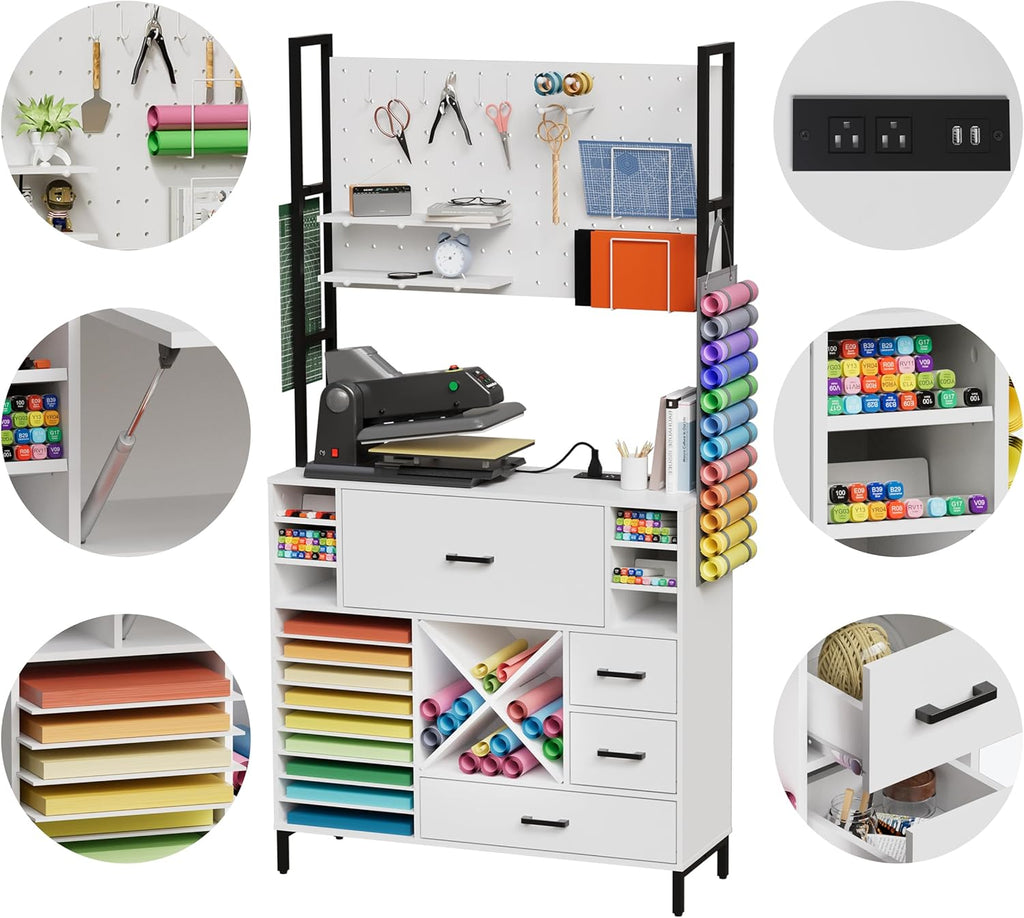 Craft Organizers and Storage Cabinet with Power Outlet, Pegboard, Vinyl Holders W54918