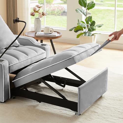 Grey Velvet Convertible Sleeper Sofa Chair Bed Z826
