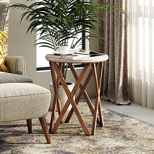Distressed White Top Round End Table Set of 2 H296