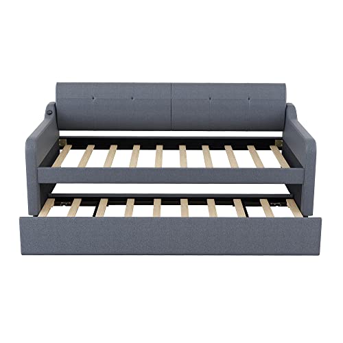 Twin Size Upholstered Wood Day Bed with Pop up Trundle (Grey) P372