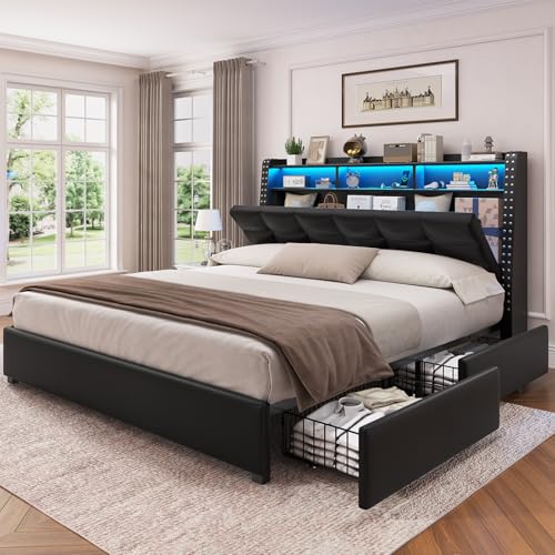 Full Size Upholstered Bed Frame with Headboard and 4 Drawers, Grey I66668