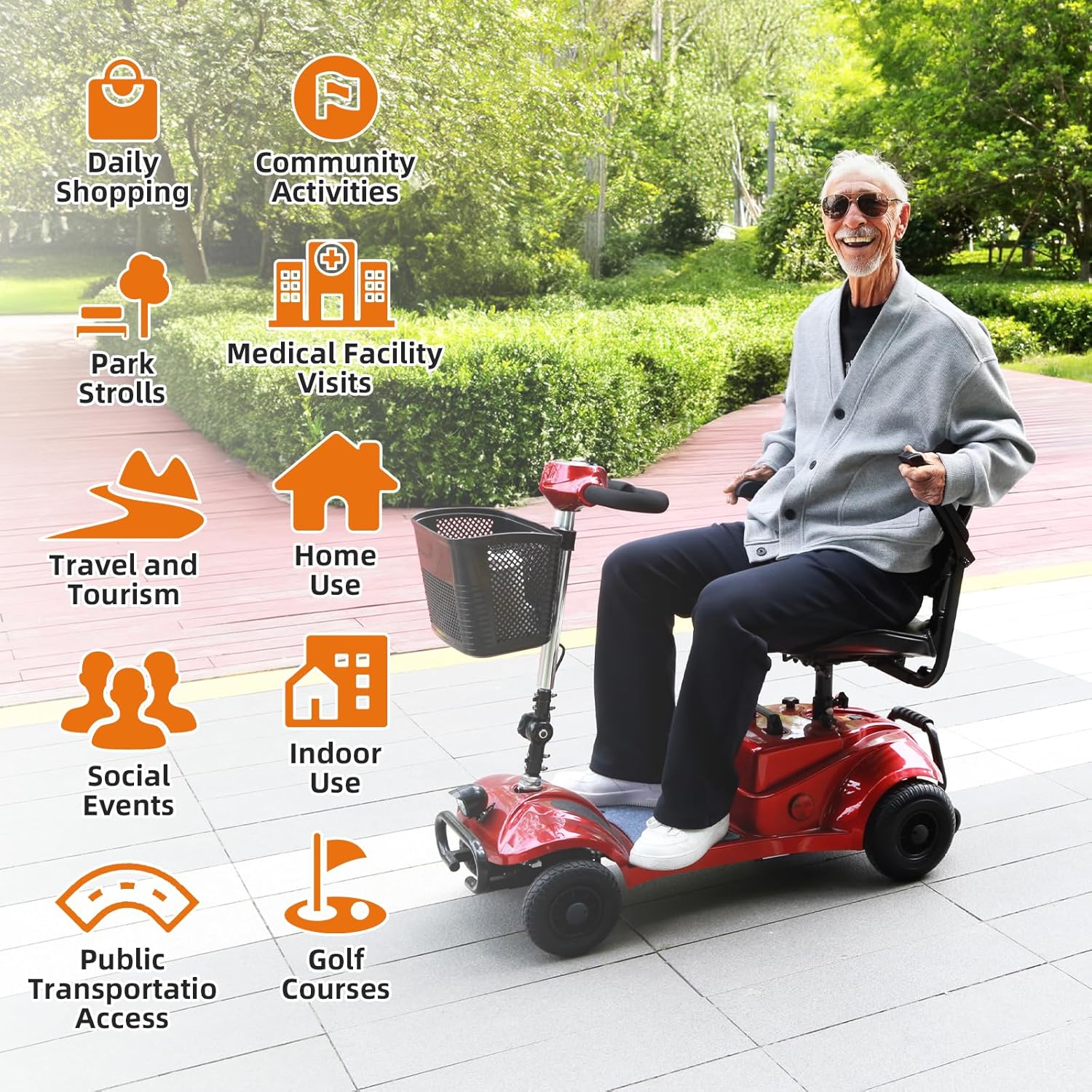 Red Foldable 4 Wheel Mobility Scooter with Basket and Light P832494