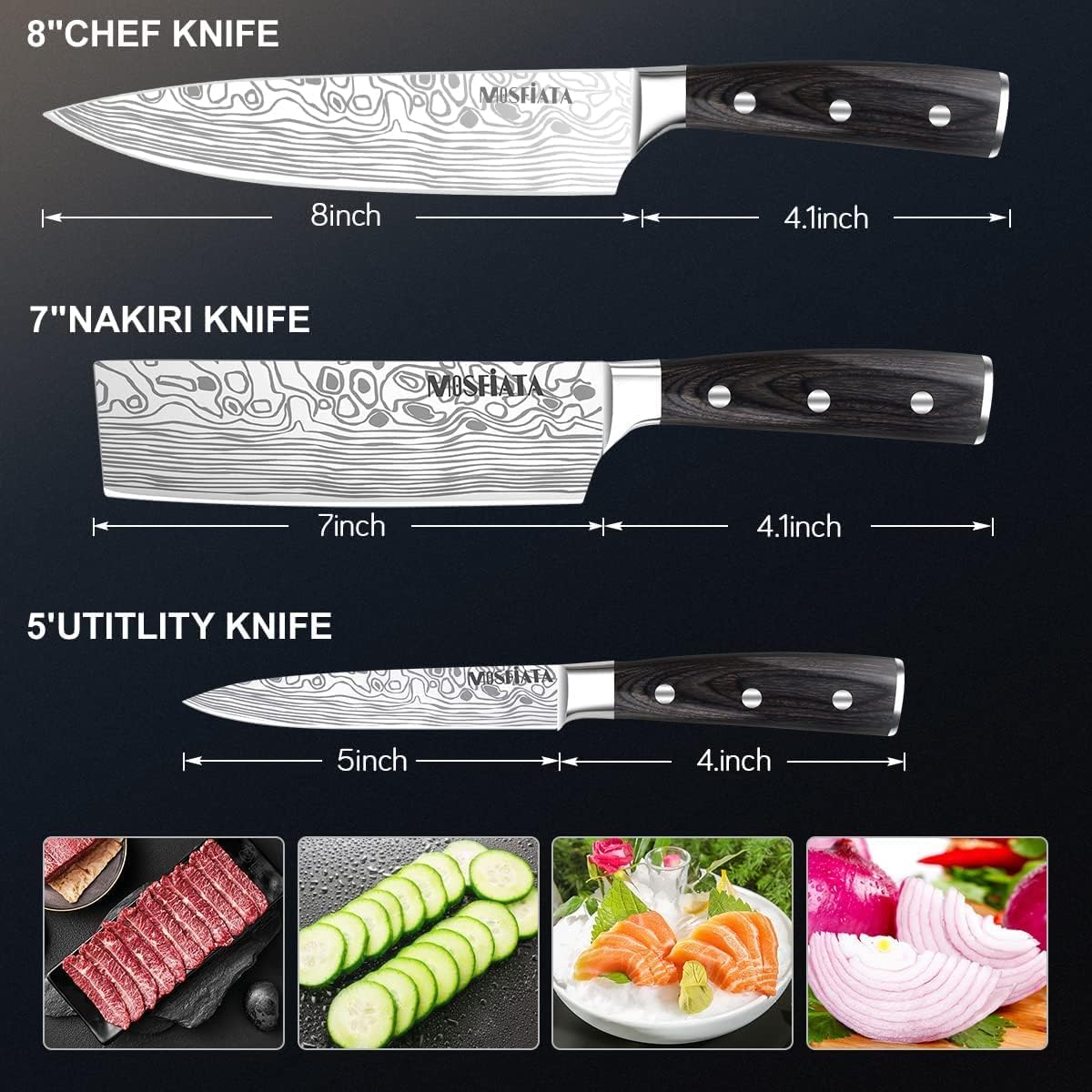 3 PCS German High Carbon Stainless Steel Chef Knife Set with Magnetic Knife Block A367368
