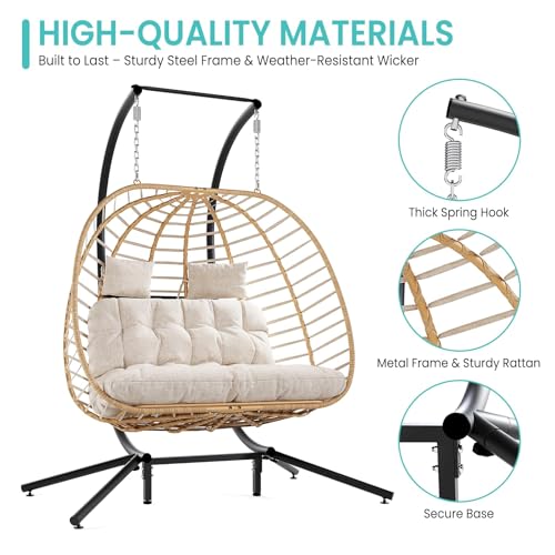 Double Egg Swing Chair with Stand, 2 Person Hanging Wicker Hammock Chairs with Cushion, Dark Grey E942