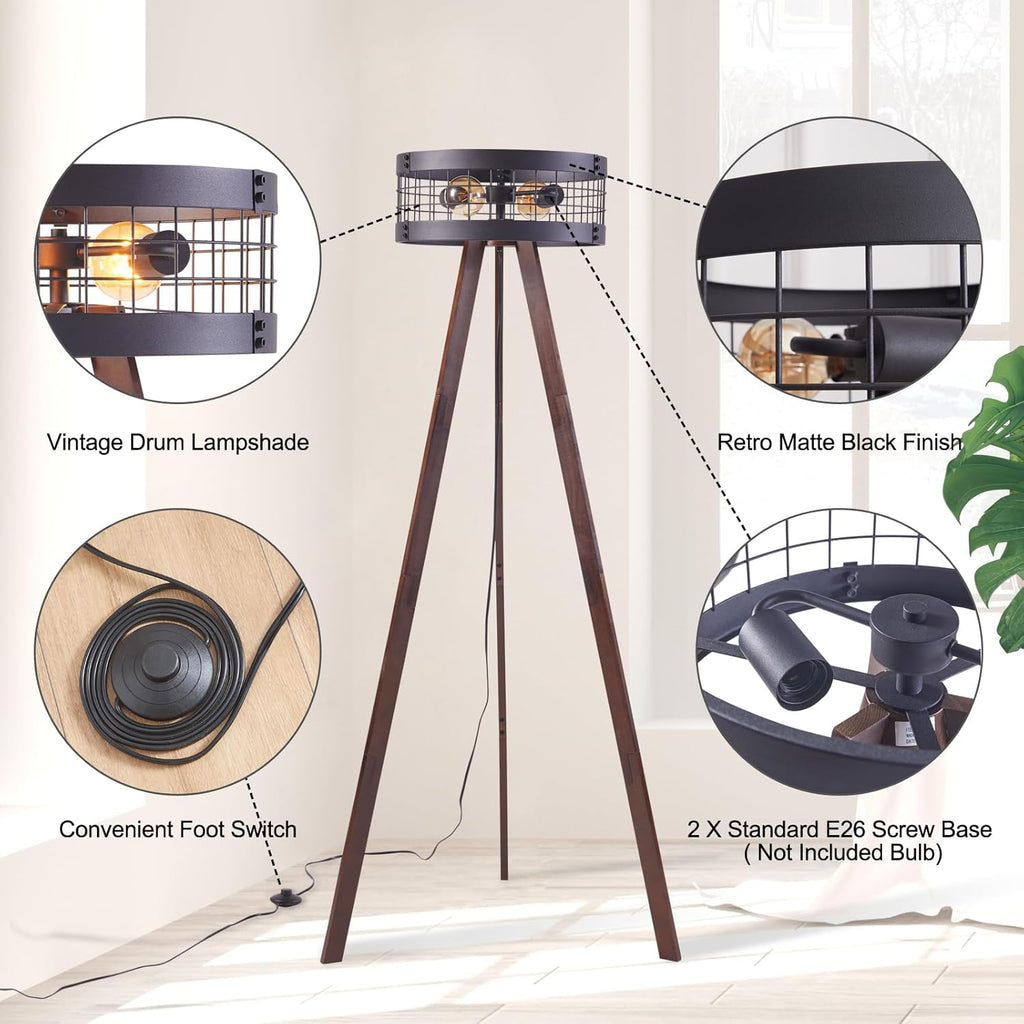 Wood Tripod Floor Lamp with Metal Drum Lamp Shade G830