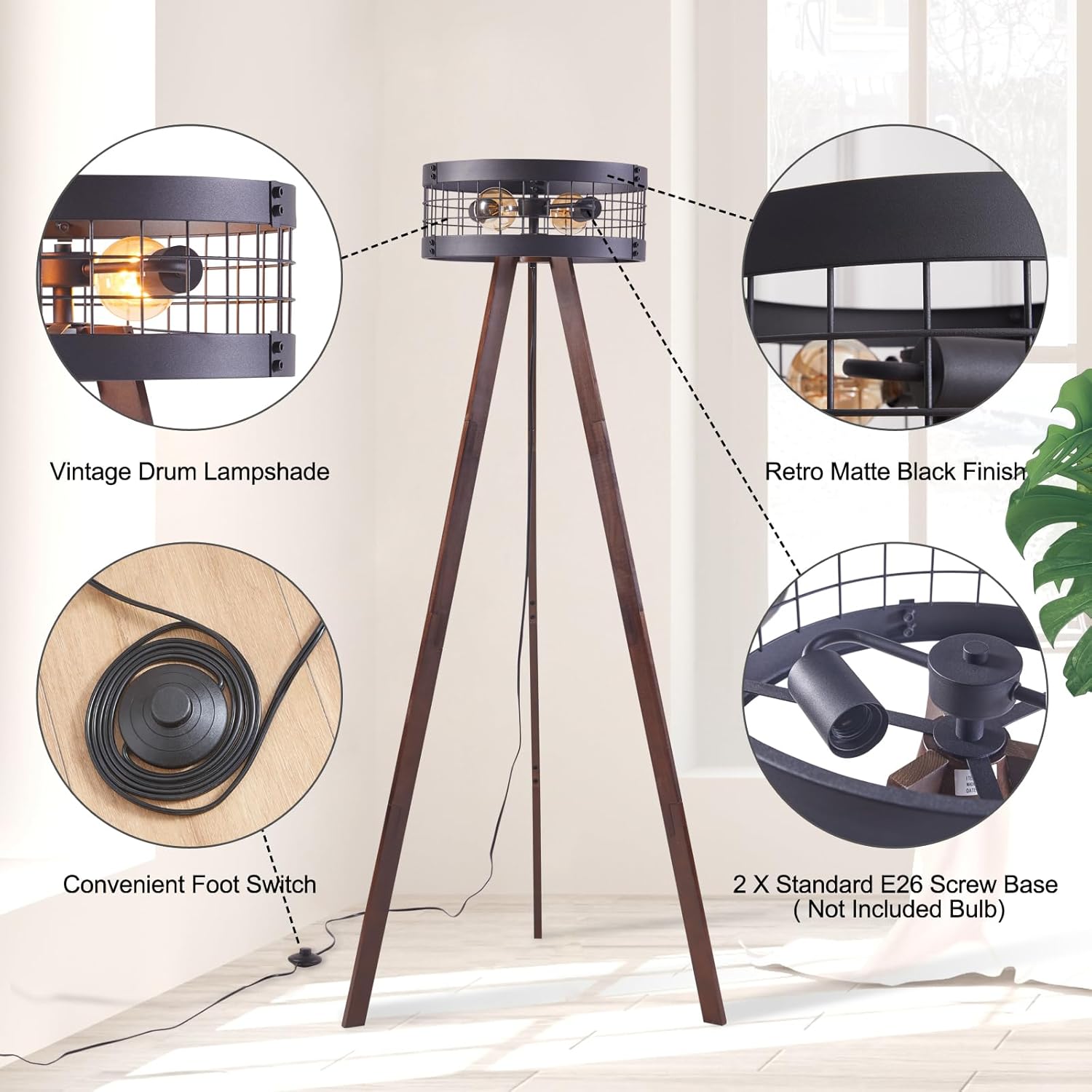Wood Tripod Floor Lamp with Metal Drum Lamp Shade G830