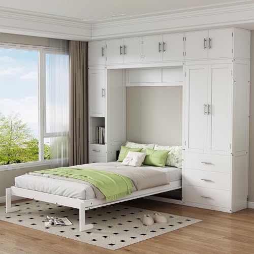 Twin Size Wood Murphy Bed with Storage Shelves and Drawers V339178