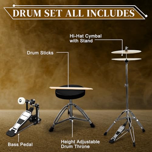 Blue 5-Piece Full-Size Drum Set with Cymbal Stands, Hi-hat Stand, Sticks, Drum Pedal, Stool & Floor Tom I573268