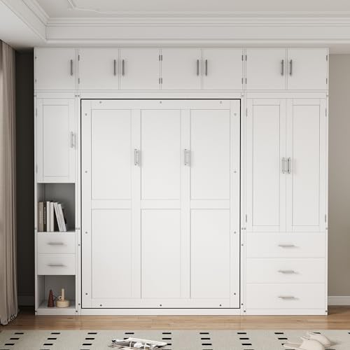 Twin Size Wood Murphy Bed with Storage Shelves and Drawers V339178