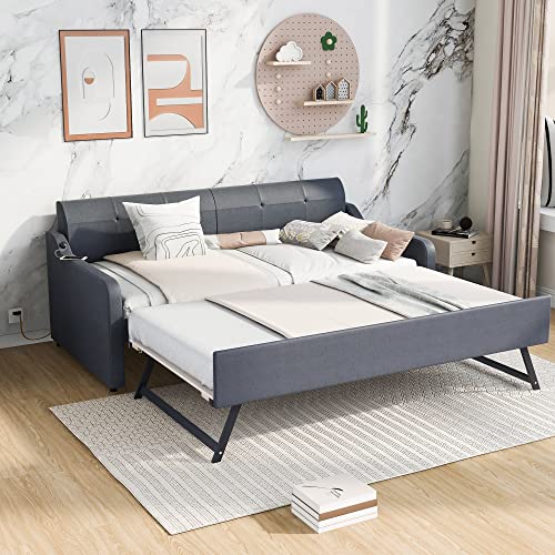 Twin Size Upholstered Wood Day Bed with Pop up Trundle (Grey) P372