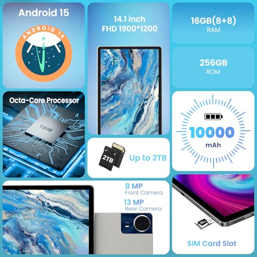 14 inch Android 15 Tablet 16GB RAM 256GB ROM 1920*1200 IPS FHD Display 10000mAh N91633
