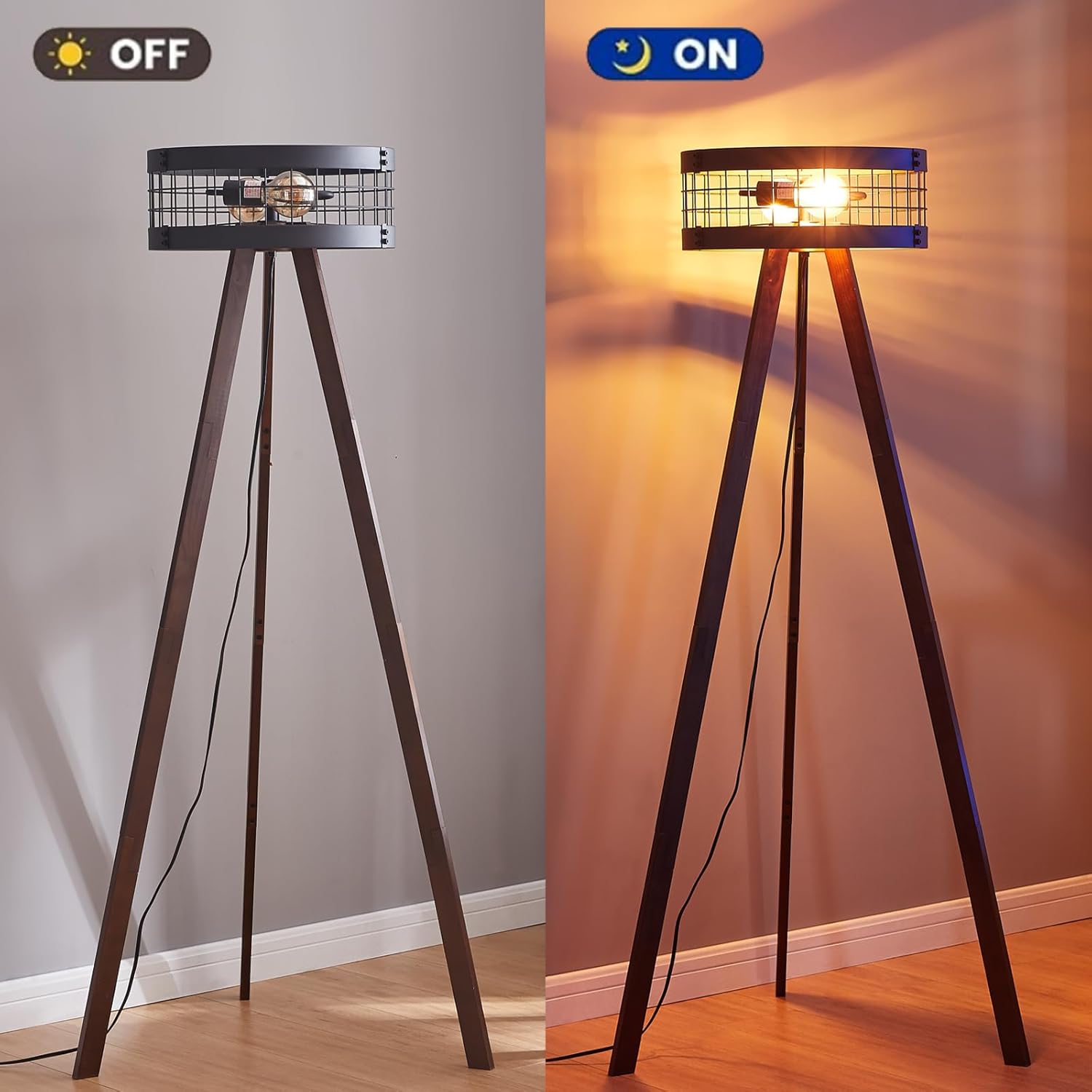 Wood Tripod Floor Lamp with Metal Drum Lamp Shade G830