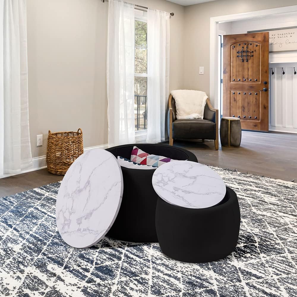 Black Round Coffee Table Set of 2 Nesting Storage Ottoman Velvet Fabric R958241