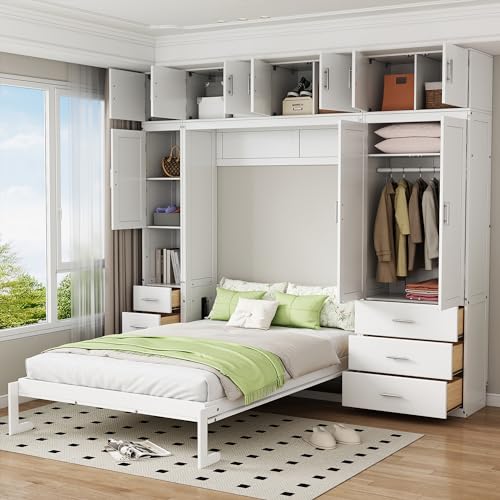 Twin Size Wood Murphy Bed with Storage Shelves and Drawers V339178
