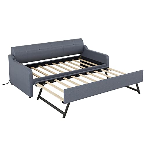 Twin Size Upholstered Wood Day Bed with Pop up Trundle (Grey) P372