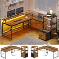 Rustic Brown L Shaped Desk with Power Outlets and LED Lights and Fabric File Drawer U501