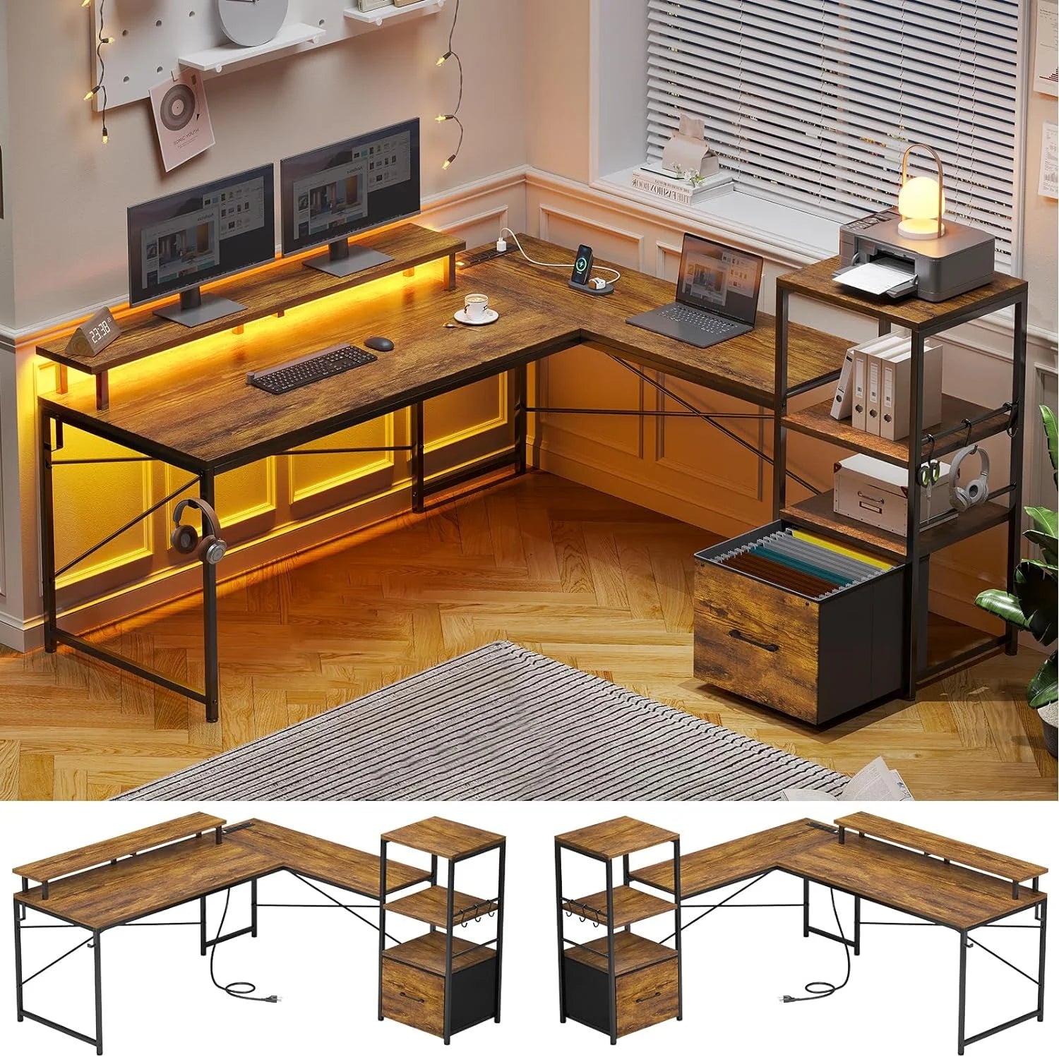 Rustic Brown L Shaped Desk with Power Outlets and LED Lights and Fabric File Drawer U501